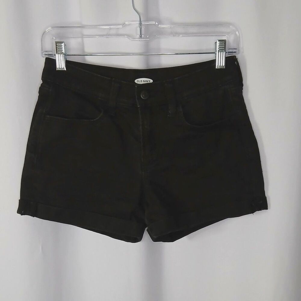Old Navy Wow Denim Jeans Shorts Cuffed Mid Rise Stretch Black Pockets Womens 2
